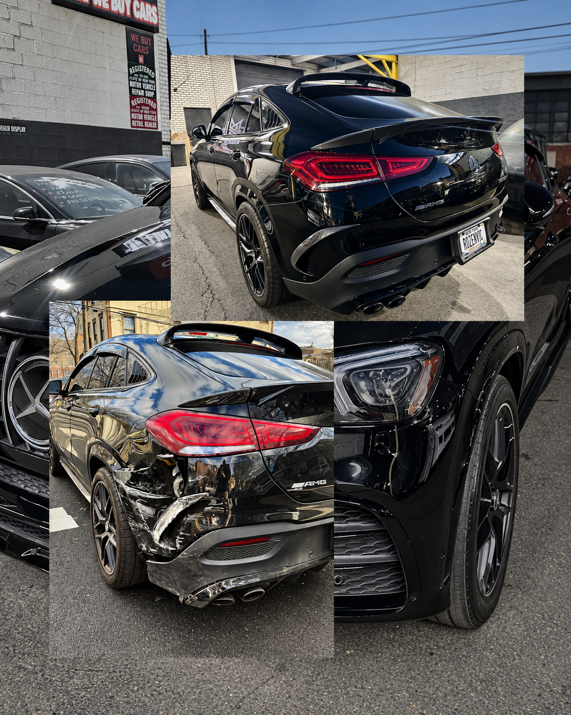Mercedes collision repair collage showing the damaged and repaired vehicle